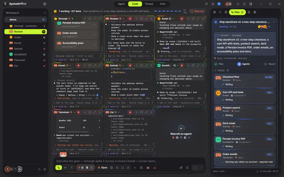 SyntobiMind on Windows: Simorgh runs a round while seven Claude Code and Cursor agents work in parallel panes, with the Plan tab tracking every task