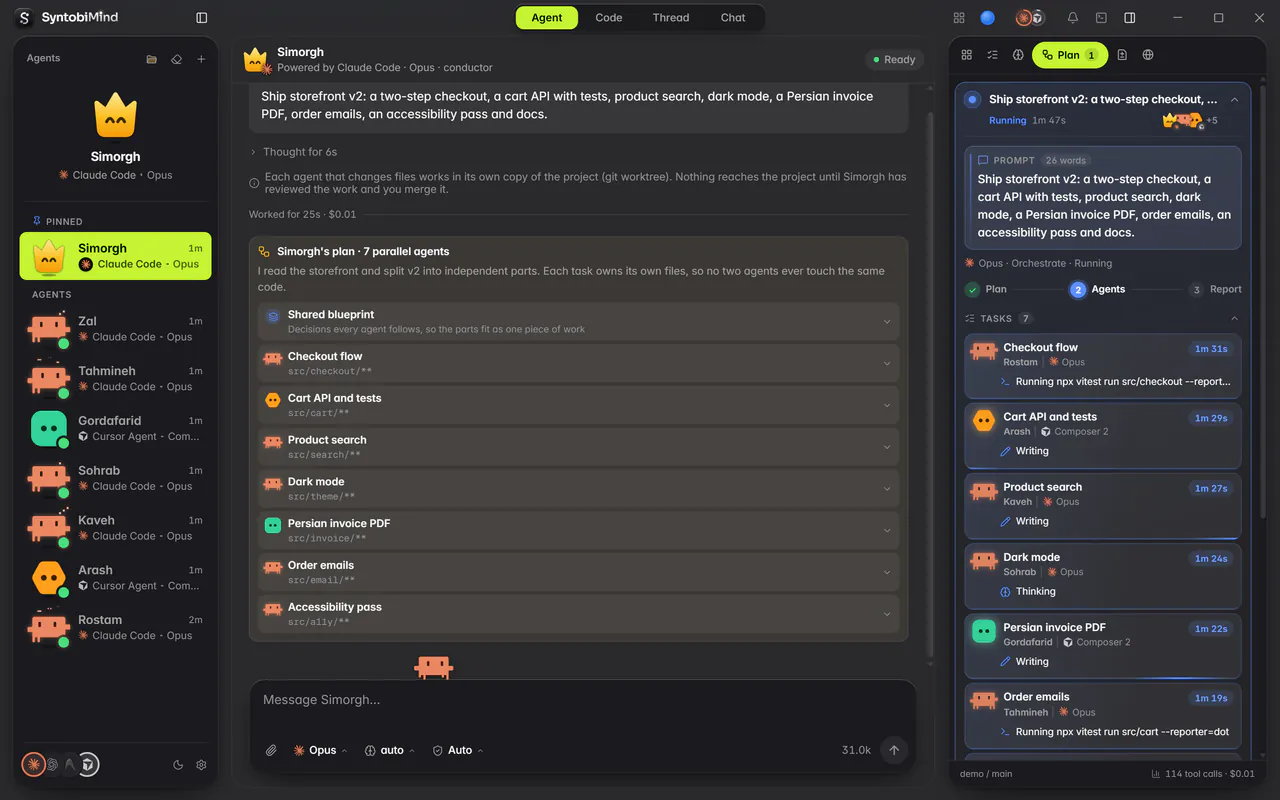 برنامهٔ سیمرغ در سینتوبیمایند: blueprint مشترک و هفت تسک، هر کدام با پوشه و ایجنت خودش